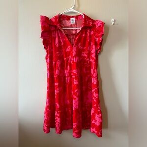 Red and Pink puff sleeve collared summer dress - Size M